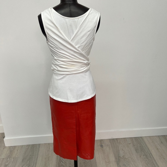 White Wrap Tie Tank Top & Red Leather Pencil Skirt | Modern Minimalist Look - Picture 4 of 5